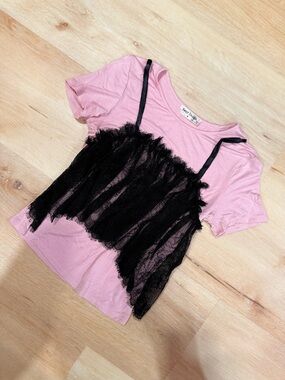 Pink Tee with Black Lace Overlay